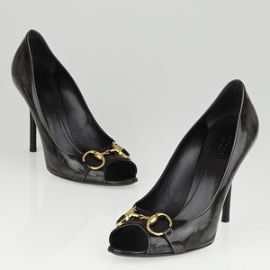 AUTH Gucci Black Patent Leather Horsebit Peep Toe